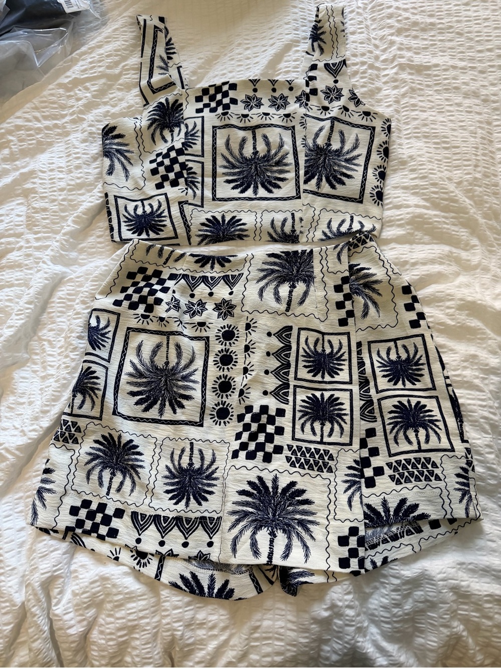 Monteau Dark Navy Blue & White Palm-Print Two-Piece skort Set women’s